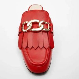 Zara Red Leather Link Loafers Mules NWT